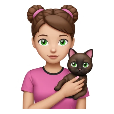 girl emoji with blue eyes, light skin, brown hair in a bun, wearing a pink t-shirt, holding a black cat with green eyes on her arm sticker