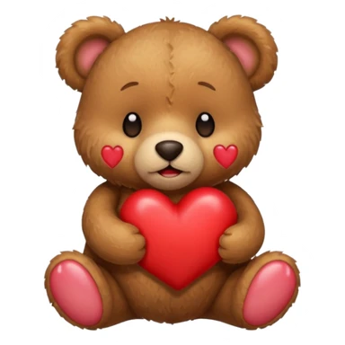 Brown teddy bear crying holding a red heart sticker