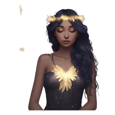 Black Raven wings bohemian girl Ethereal galaxy constellation girl angel raven wings black wings, gold arrow, nebula, flower crown, fairy lights, iridescent sticker