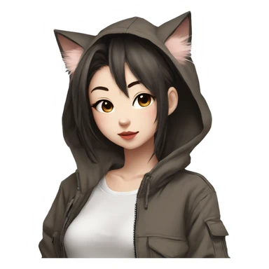 Edgy cool shy Asian urban beautiful pretty anime punk tomboy with cat ears techwear cargo pants hoodie brown hair collar  sticker