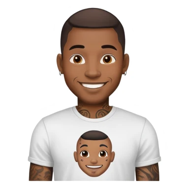 black man with face tattoos, smiling, wearing a t-shirt sticker