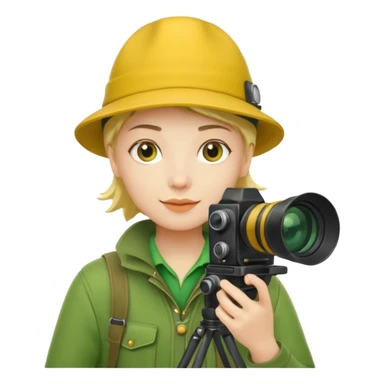 
explorer photographer, green clothes, yellow hat sticker