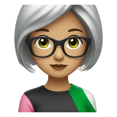 Italian girl, dark hair, green eyes, white blues, hair bang and big pink glasses square shaped sticker