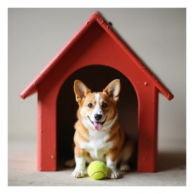 realistic red dog house with a Corgi dog inside, Corgi with a tennis ball, photorealistic style sticker