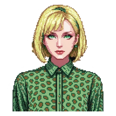 A blonde woman with green eyes and a bob haircut, wearing a green leopard print blouse sticker