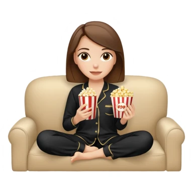 Stylish white woman with brown hair with makeup in black pyjama watching tv with popcorn on beige couch sticker