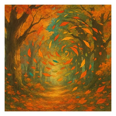 magical autumn forest with swirling colorful leaves sticker