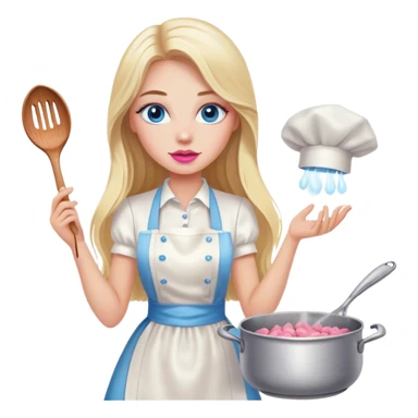 Cinematic realistic beautiful blonde with long hair, blue eyes and pink lips in a white dress cooks sticker
