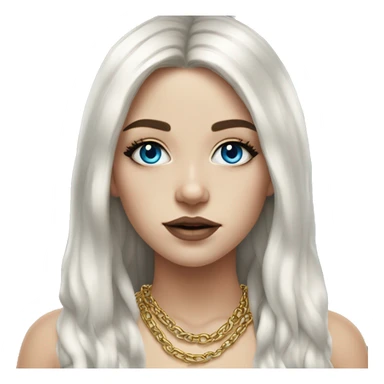 Hyperrealistic white girl with blue eyes and long black hair with rainbow fringe. Wearing gold chain necklace has dark eye makeup on her eyes sticker