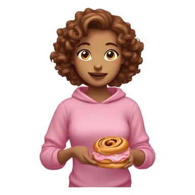 A girl with fair skin, a brunette with curly hair and brown eyes. Eating sinabon in a pink sweatshirt.  sticker
