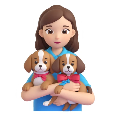 A pale girl with brown shoulder-length hair tied with a ribbon hairclip, holding a dog sticker