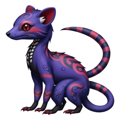 Rare warm-colored exotic gloomy tropical edgy cute epic aesthetic spooky indigo violet white black red gothic colorful Salandit-Noibat-Civet-species-Fakemon-hybrid-creature, with tribal tattoo markings, full body sticker