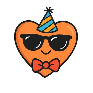 Add sunglasses, a party hat, and a bow tie to the orange heart. Keep the playful and sketchy hand drawn doodle style as in the reference image. sticker