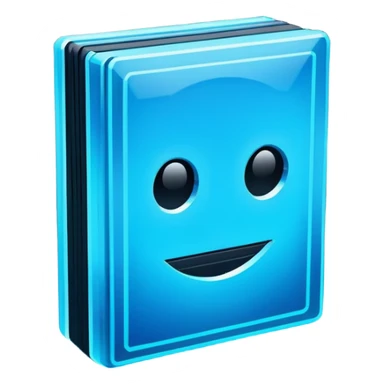 Pixel art emoji icon of a futuristic holographic book (help), neon blue sci-fi voxel style, cute tech aesthetic, centered, simple, high contrast, 3D shading, soft glow, transparent background, 100x100 px, game UI icon sticker