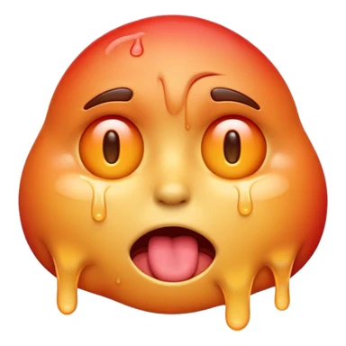 Apple-style emoji illustration of a melted, overheated face with sweat drops, half-closed exhausted eyes, tongue slightly out, warm orange and red tones, soft 3D emoji style, smooth gradients, rounded shapes, simple expression, centered composition, transparent background, no text. sticker