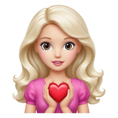 White Barbie girl with long wavy dark brown hair holding heart  sticker