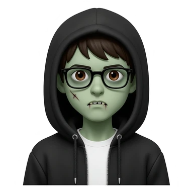zombie boy with white tshirt and black brownish hair and with black glasses frames on hair is texturized young boy and round face more green face and dark brown eyes black thick cotton y2k hoodie with the white t-shirt under it hood of hoodie is standing up a slight bit and no ties on hoodie sticker