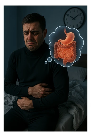 a tired-looking man sits on the edge of his bed at dawn, holding his stomach with a pained expression. Dark circles under his eyes and a messy bed indicate poor sleep. In the background, a clock shows early morning hours, and a thought bubble or overlay highlights digestive organs, emphasizing intestinal discomfort linked to sleep deprivation. sticker
