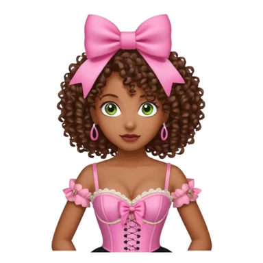 black woman with green eyes, curly hair, pink bow, pink corset sticker