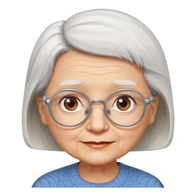Create me emoji of an old lady. Short white hair to left side. Square glasses. Brown eyes. Rounded really big and really wide face. Wide nose.  sticker