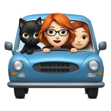 Redhead girl with glasses, driving blue car, with two black cats  sticker