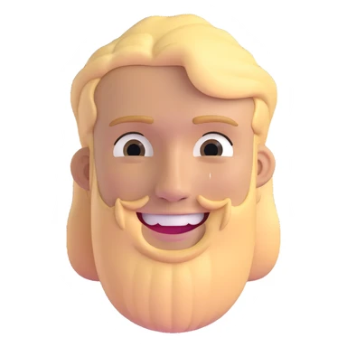 young man with blonde hair and moderate beard with a big smile sticker