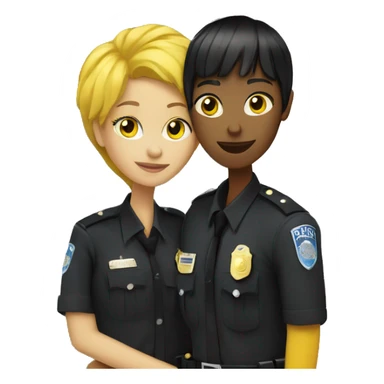 Black hair yellow skin Woman with fringe hugging a black hair yellow skin police office sticker
