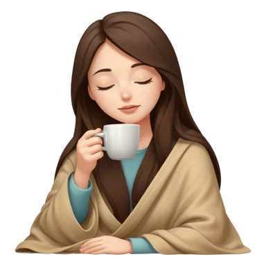 Brunette girl long hair inside a beige blanket sipping coffee eyes closed sticker