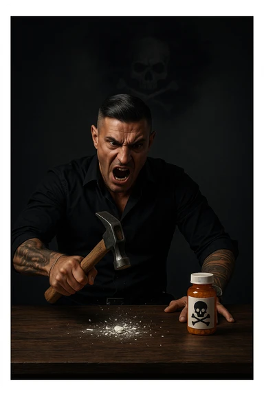 "Angry man crushing prescription pill with hammer on wooden table, expression of righteous fury against medical establishment, pill fragments scattering like defeated enemy, medicine bottle labeled with skull and crossbones in his mind, dramatic lighting showing his determination to reject pharmaceutical control, freedom from chemical dependency symbolized through destruction" sticker