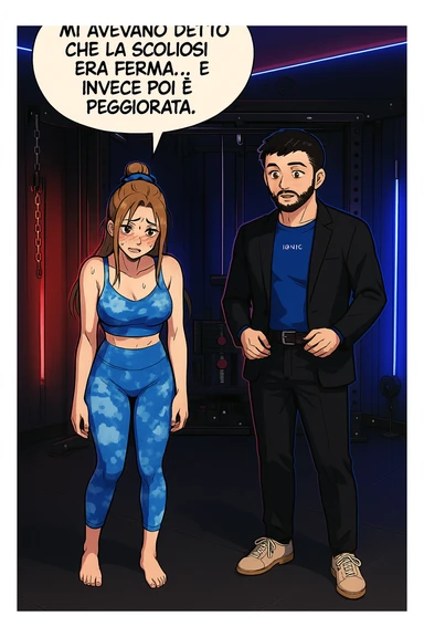 fai questa immagine in versione fumetto/manga/webtoon a colori, il manga mostra la donna disperata con un fumetto sulla testa che dice:
Mi avevano detto che la scoliosi era ferma… e invece poi è peggiorata.
 sticker