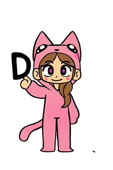 Add a bold black letter D in the character's right hand, keeping the original style and pose intact. Only add the letter, do not change anything else. sticker