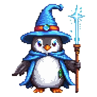 Penguin wearing wizard hat and robe holding a magic wand sticker