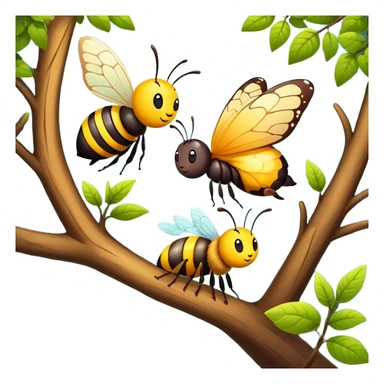 butterfly and bee sitting on a tree branch in a forest, cute and friendly sticker