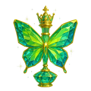 luxurious crystal butterfly-shaped bottle with a short neck and princess crown, many facets, glowing and light refractions, green (#c0ff53) and blue colors, golden details, subtle magical effects, transparent background, beautiful connected base, floating in air, no ground or shadow, very close to the original design sticker