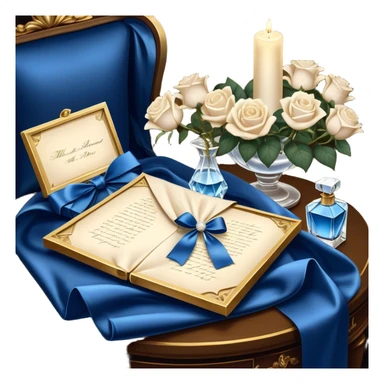 A carefully folded love letter, tied with a silky blue ribbon, sits on a velvet cushion. Beside it stands a tall crystal perfume bottle, exuding the soft scent of white roses. Pearl butterflies hover above the table, as the warm glow of candlelight reflects off the golden wax seal. sticker