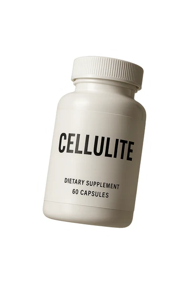 UNA BOCCETTA DI INTEGRATORE BIANCA CON LA SCRITTA "CELLULITE" SULL'ETICHETTA CHE FLUTTUA IN ARIA, IPERREALISTICA 4K sticker