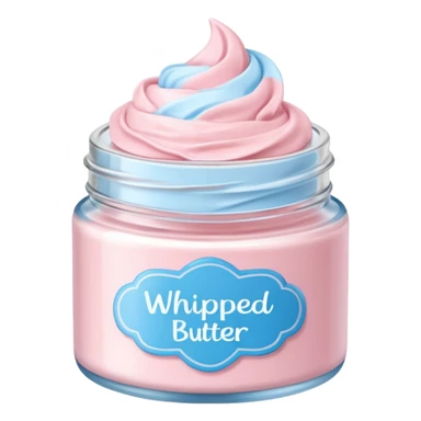 Una miniatura fotorrealista de una manteca de color rosada, azul corporal batida combinados de forma batida hasta arriba en un tarro de vidrio sin cuchara. Estilo: postre, arte, colores vibrantes. sticker