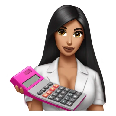 Hyper realistic kim kardashian with straight hair holding a pink calculator sticker