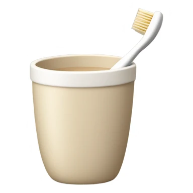 This set includes a beige toothbrush with a beige handle and a beige cup. The brush part is white. There is one toothbrush. The toothbrush is inside the cup. sticker