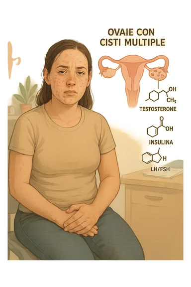 Donna tra i 25 e i 35 anni, con espressione stanca ma determinata, seduta in uno studio medico o nella sua stanza, con mani sul basso ventre. Sullo sfondo un diagramma trasparente o fluttuante di ovaie con cisti multiple, ormoni stilizzati in disequilibrio (testosterone, insulina, LH/FSH). Leggeri segni visivi di sintomi tipici: acne sul viso, lieve aumento di peso, capelli leggermente diradati in zona frontale. Ambiente realistico ma con elementi educativi e simbolici. Toni tenui ma caldi, stile empatico e informativo. in italiano sticker