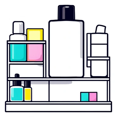 big long white shelf with one serum bottle labeled beauty brand and big sticky note sticker