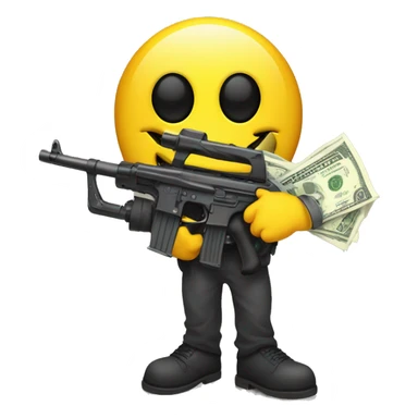Yellow smiley face with eye patch holding a machine gun in one hand and a bag of money in the other  sticker