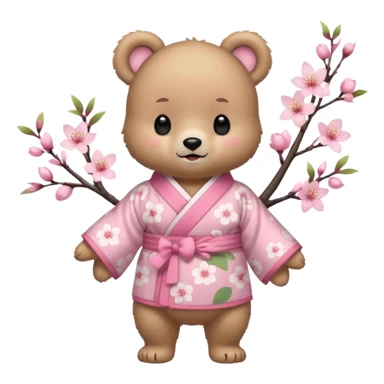 A cute baby bear character in pastel style, standing upright like a human. 
Light brown soft fur, large round ears, rounded paws and feet. 
Big cute black dot eyes, medium blush cheeks, and a tiny smiling mouth. 
Wearing a pink kimono with soft cherry blossom patterns on the sleeves and bottom,  sticker