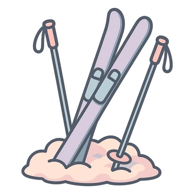 cross-country skis and poles on the sides, stuck at an angle into a snowdrift, snow piled up around the bases, detailed shading, thin clean outlines, soft rounded features, pastel palette #98B5BC #B5B3C1 #C9A3C9 #E4C0CA #F7DCD1 #F7C0AA, Japanese pop art, sticker look, highly detailed, vector clarity, soft lighting, subtle shadows, transparent background sticker