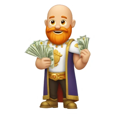 Bald man with a big orange beard wearing a crown as and holding money in his hand sticker