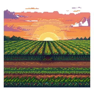 sunset over a beautiful field, pixel art style sticker