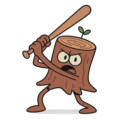 whimsical tree stump with arms and legs holding a baseball bat ready to swing sticker