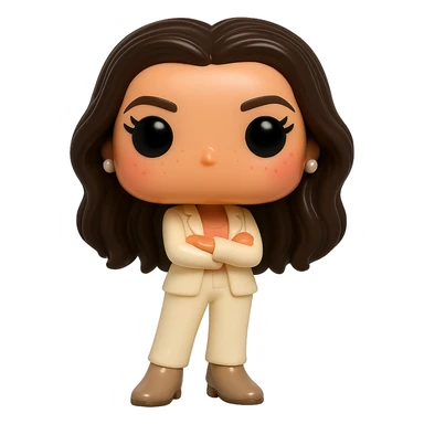 Create a Funko Pop style vinyl figure of Eva Longoria with luminous smooth tanned skin, ultra-detailed dark hair, hyper-textured feminine cream suit (jacket and pants), small pearly earrings, greige leather boots clearly visible, arms crossed, rosy cheeks, very discreet freckles, eyelashes, mischievous and cheerful expression, no mouth, transparent background. sticker