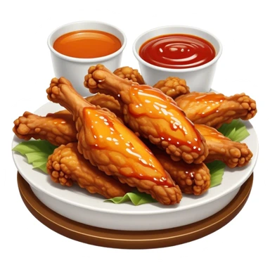 Cinematic crispy chicken wings, golden-brown and glazed with spicy sauce, crunchy coating, juicy inside, piled high with dipping sauce on the side, ultra-realistic and mouthwatering, inviting and bold. sticker