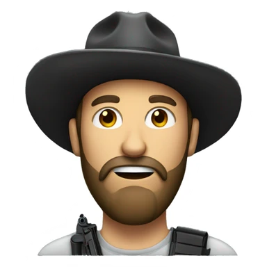 Bearded man with a gun and hat sticker